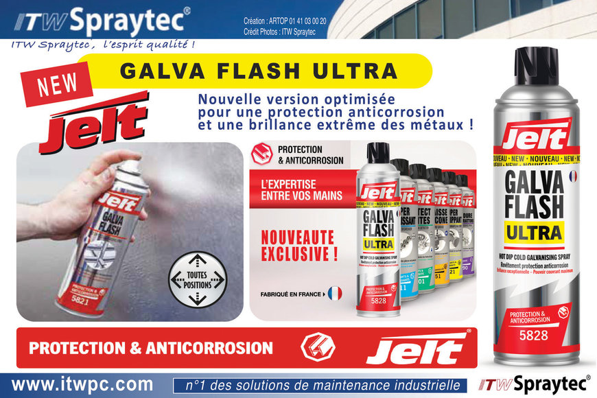 Dans le cadre de sa gamme Protection & Anticorrosion, ITW SPRAYTEC annonce la sortie de la nouvelle version optimisée de sa solution de protection anticorrosion ultra-brillante : GALVA FLASH ULTRA